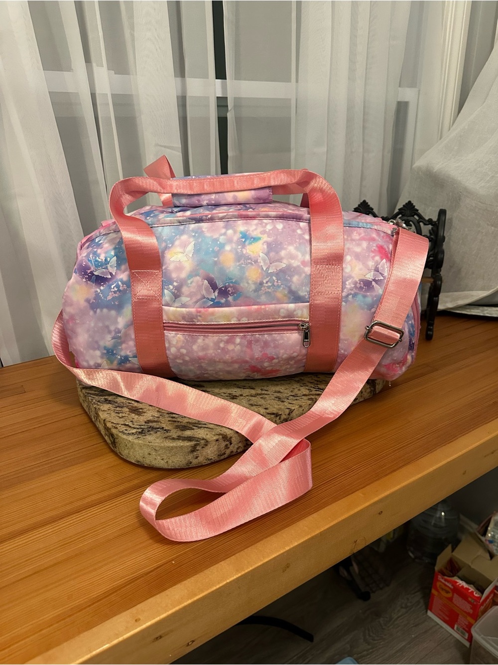 Pastel Pink& Lilac butterflies Travel Duffel with Pink Straps